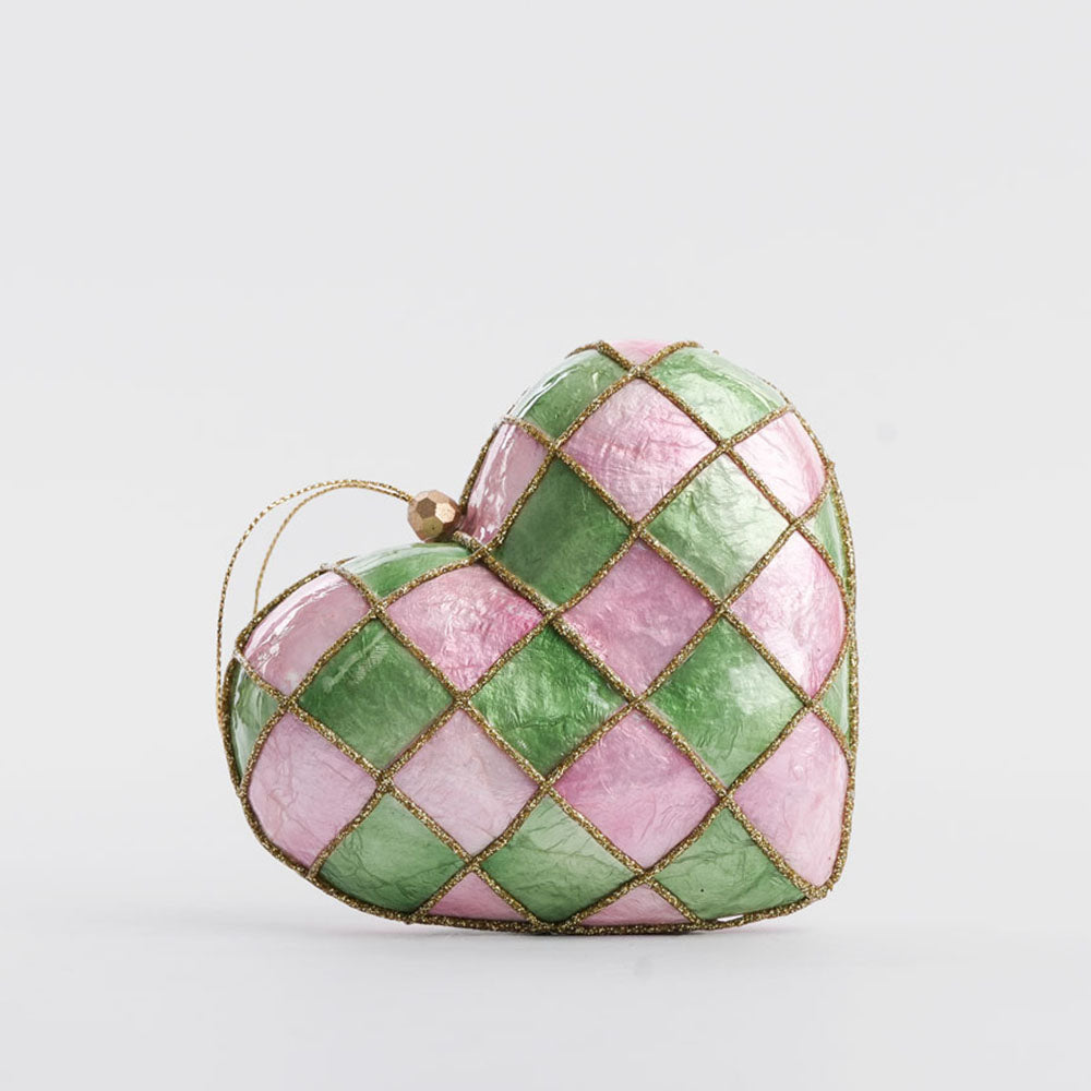 Checkers Capiz Heart Decoration Pink & Green Med