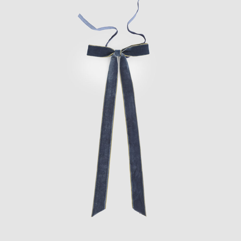 Velvet Tie On Bow Navy Blue w Gold Border - Set of 8 pcs