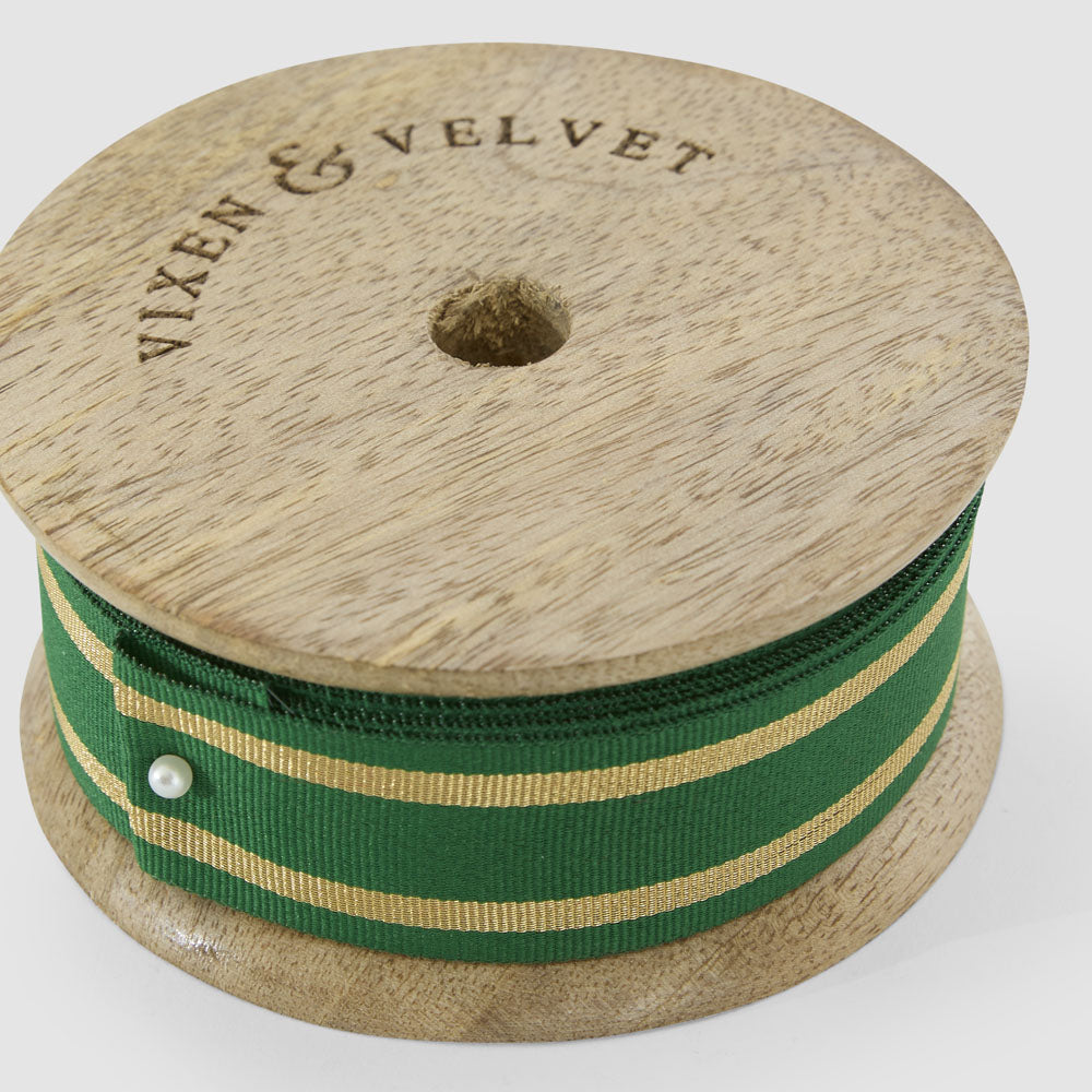 Designer Grosgrain Single Stripe Green & Gold 25 mm x 10m