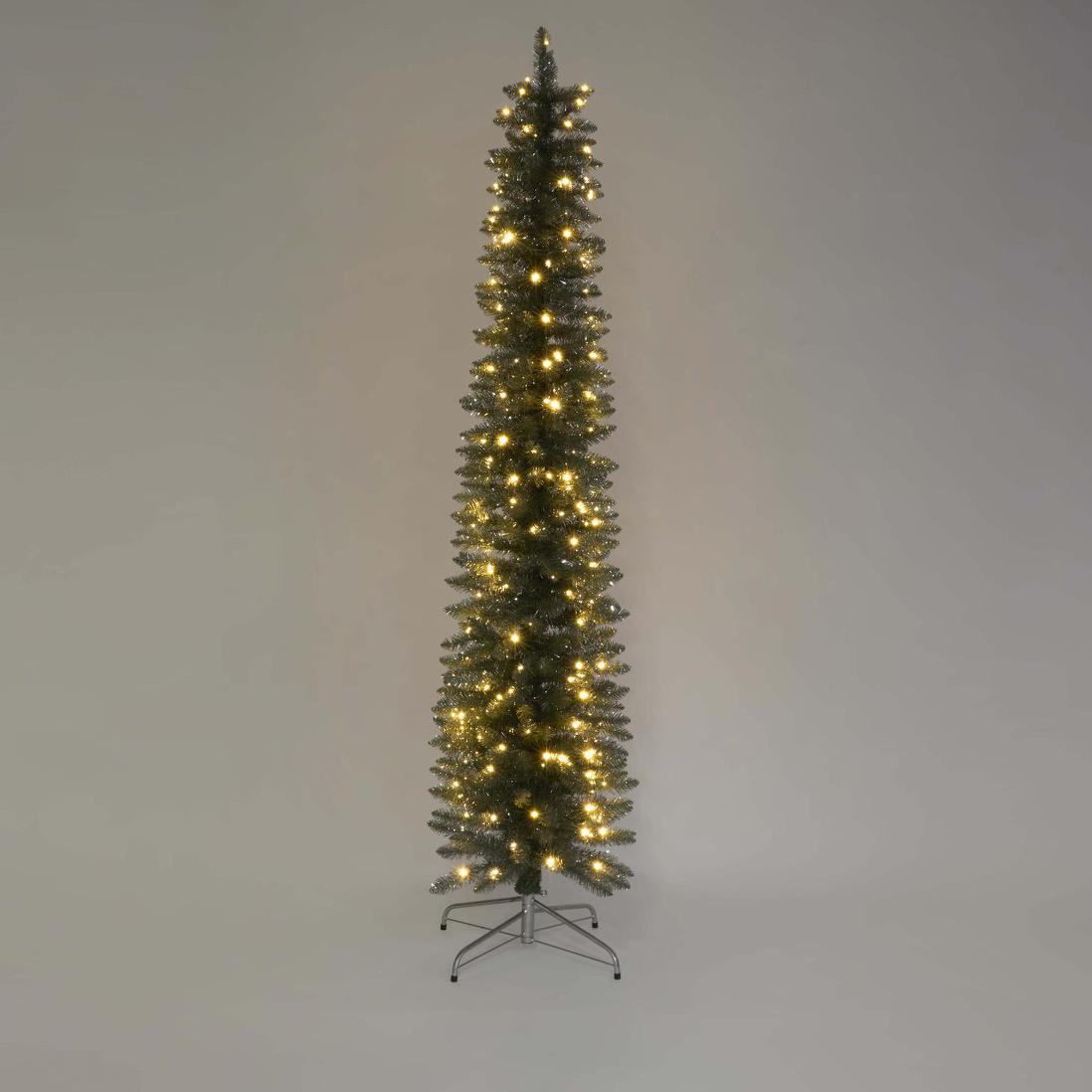Silver Green Light Up Slim Pencil Tree 210cm with 200 LED with Foot Pedal