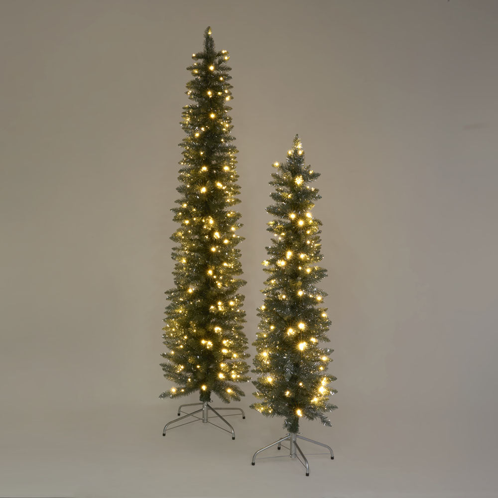Silver Green Light Up Slim Pencil Tree 210cm with 200 LED with Foot Pedal