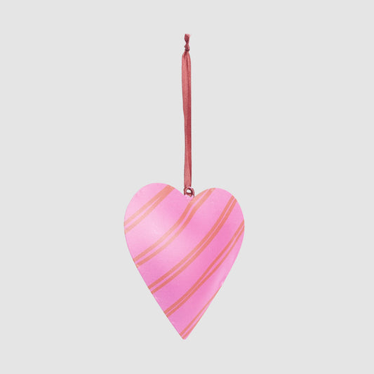 Joy Hand Painted Heart Tree Decoration Pink & Red Stripes