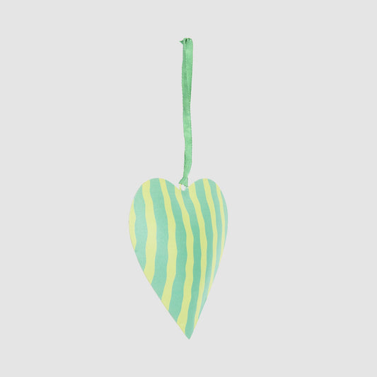 Joy Hand Painted Heart Tree Decoration Green Stripe