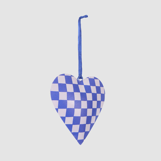 Joy Hand Painted Heart Tree Decoration Blue Check