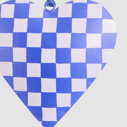 Joy Hand Painted Heart Tree Decoration Blue Check