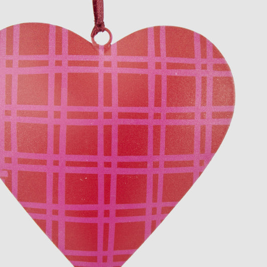 Joy Hand Painted Heart Tree Decoration Pink & Red Checks